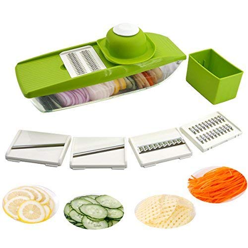 5 in 1 Professional Mandolin - Cutting or Slicing Vegetables Quickly and Evenly - Best Vegetable Cutter Slicer with 5 Different Stainless Steel Blades, a Push Security and a Storage Bin