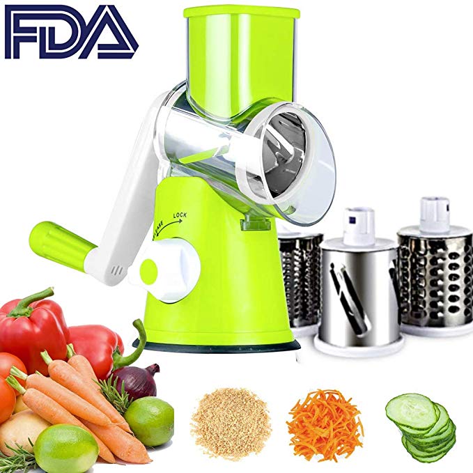 Rotary Drum Grater 3-Blades Manual Vegetable Slicer Vegetable Mandoline Chopper with Suction Cup Feet Vegetable Fruit Cheese Shredder Stainless Steel