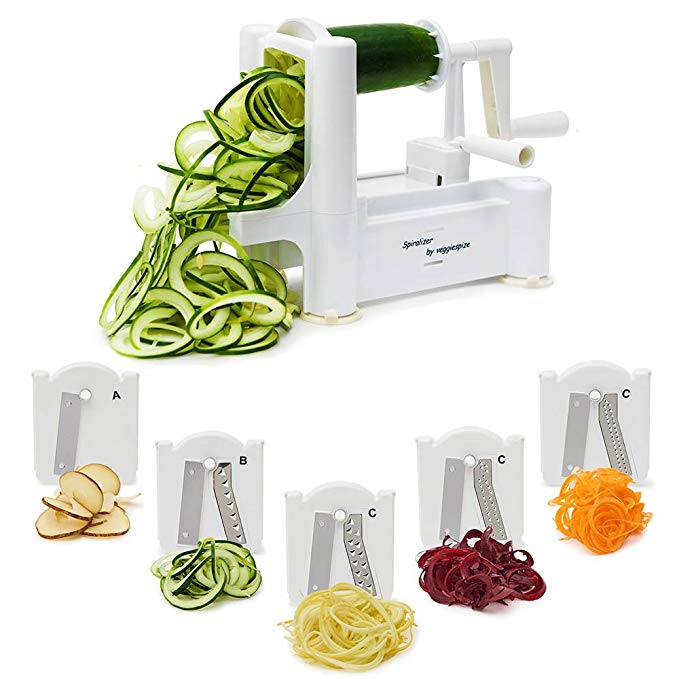 5 Blade Spiralizer - Spiral Slicer, Vegetable Maker, Shredder ! Makes Zucchini Noodles, Veggie Spaghetti, Pasta, and Cut Vegetables in Minutes. Includes Blade Storage Box!