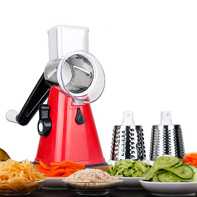 Qooltek Mandoline Grater Slicer Manual Vegetable Fruit Cutter Hand Speedy Rotary Cheese Drum Chopper with 3 Interchangeable Stainless Steel Blades – Slice, Julienne, Grinder