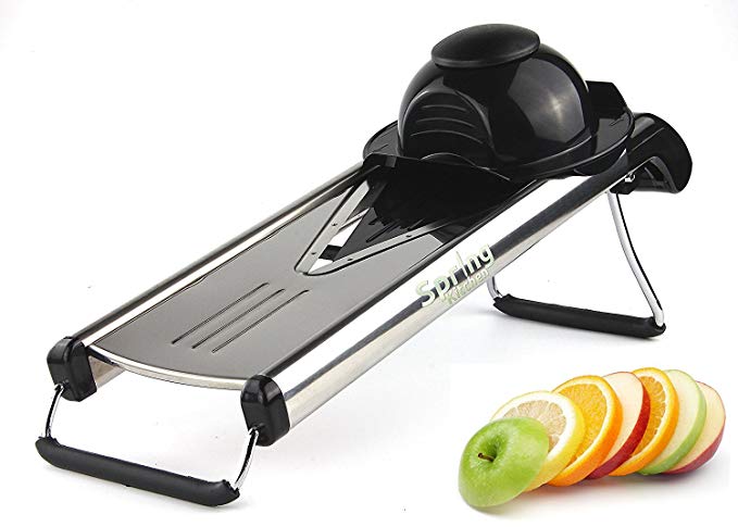 Spring Kitchen - Premium V-Blade Stainless Steel Mandoline Food Slicer Cutter.5 Different Inserts.Cleaning Brush