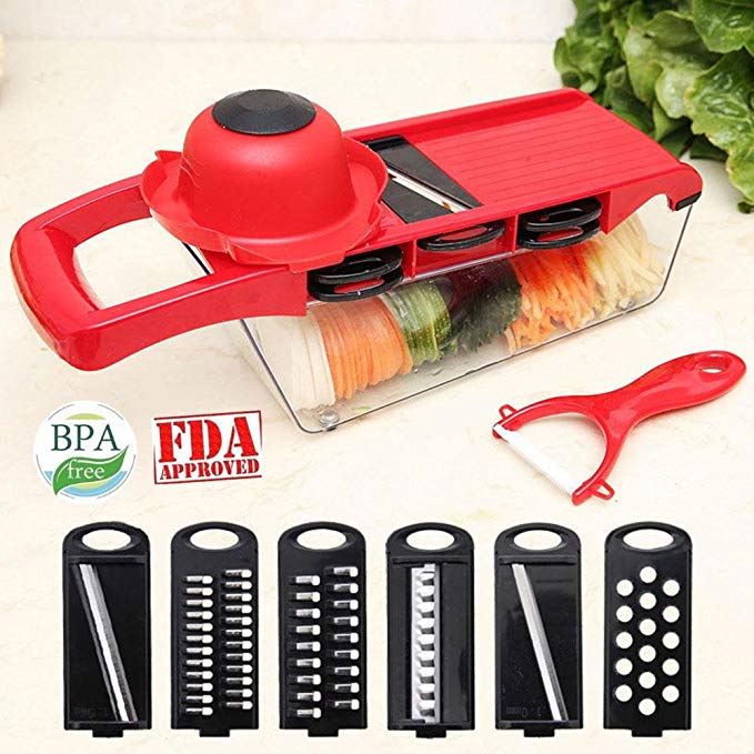 Aolvo Upgraded Mandoline Slicer Adjustable Asian Vegetable Shredder Professional Cubing Mandoline Slicer Handheld Baby Food Chopper With 6 Interchangeable Blades Hand Protector For Kitchen