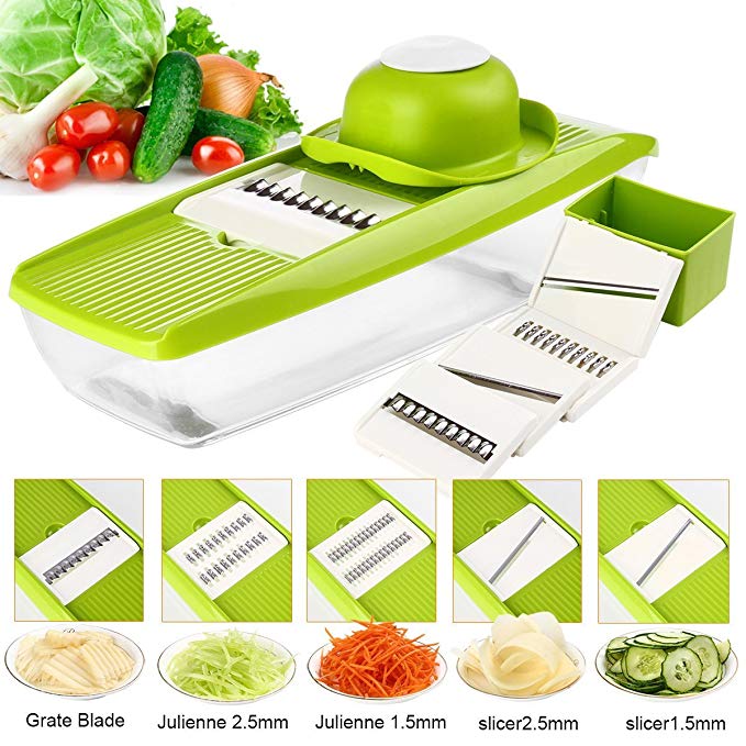 Mandoline Slicer Multifunctional Vegetable Peeler Slicer, Food Container for Vegetable Fruit Cheese Cutter with 5 Interchangeable Stainless Steel Blades + Cutting Board + Blade Box + Hand Gard -GynTi