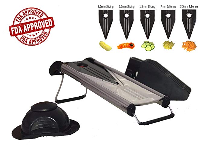 [Improved] V Blade Food & Vegetable Mandoline Slicer | Great for Potatoes, Onions, Cucumbers and Fruit | Ergonomic Design, Safe in the Dishwasher | 5 Premium Surgical Grade Stainless Steel Blades
