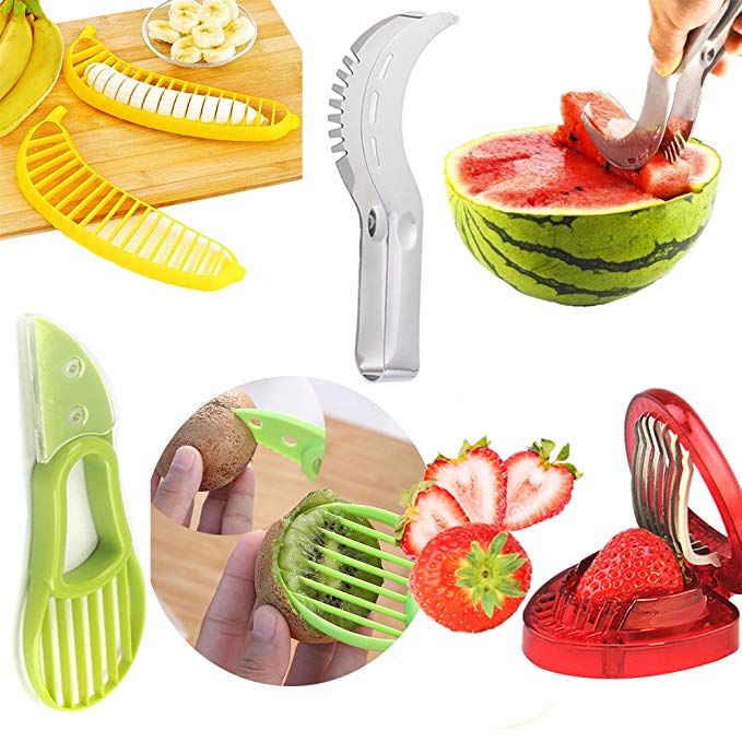 Aremazing Fruit Slicer Set of 4 Banana Watermelon Kiwi & Avocado Slicer Strawberry Huller Fruit Knife Kitchen Tools Value Pack