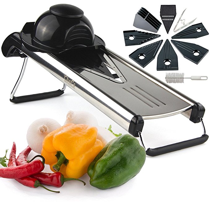 Chef's INSPIRATIONS Premium V-Blade Mandoline Slicer, Cutter, Julienne and Grater. Best For Slicing Food, Fruit and Vegetables. Includes 6 Inserts, Cleaning Brush, Blade Safety Sleeve. Stainless Steel