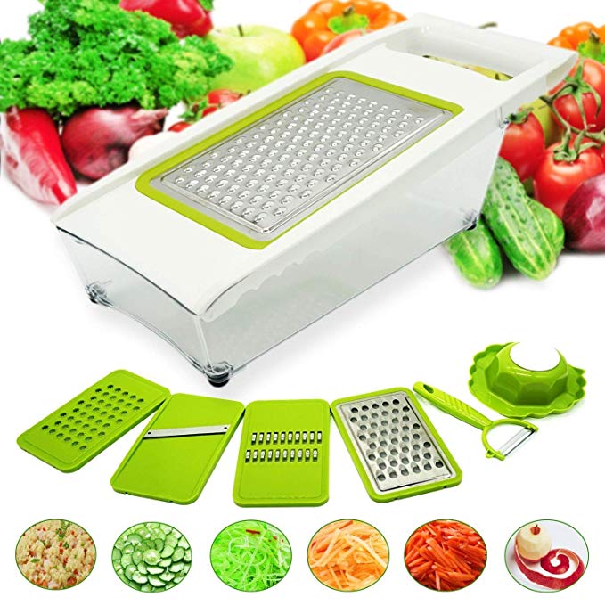 EEGO 8-in-1 Mandoline Slicer Fruit Vegetable Cheese Grater Cutter Julienne Slicer, 4 Interchangeable Stainless Steel Blades + Garlic Mincer + Transparent Food Container + Safety Hand Holder + Peeler