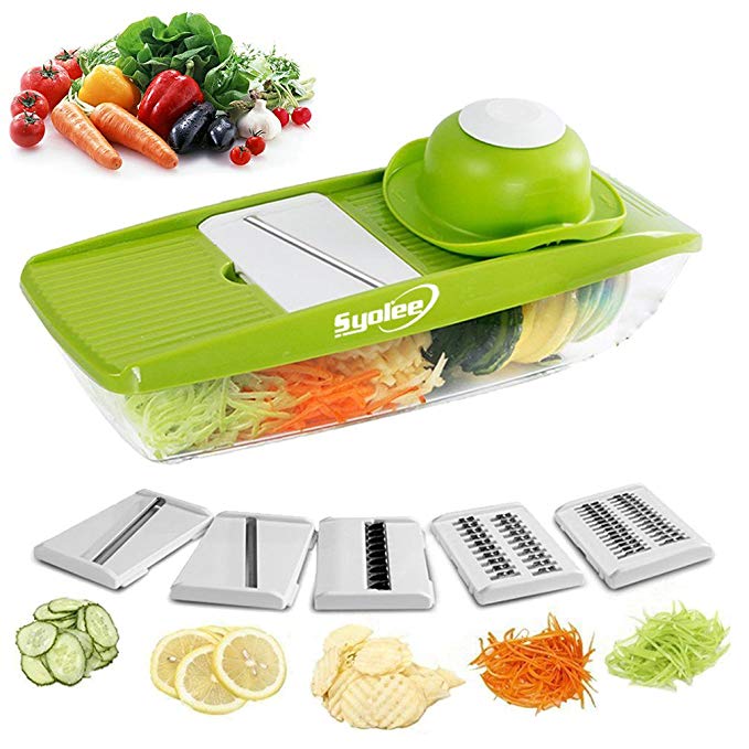 Mandoline Slicer Vegetable Food Cutter with 5 Adjustable Thickness Interchangeable Stainless Steel Blades - Syolee Kitchen Vegetable Julienne Grater for Tomato Potato Carrot Onion Cucumber Cheese