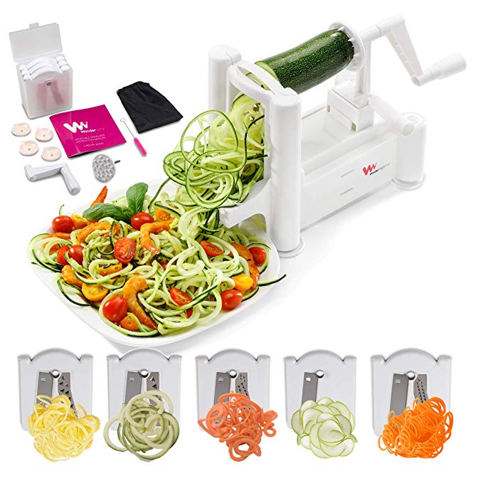 WonderVeg - 5 Stainless Steel Blades - Spiralizer Vegetable Slicer, Zoodle Maker, Vegetable Spiralizer, Zucchini Maker, Spiral Slicer- Cleaning Brush, Mini Recipe Book, 6 Spare Parts Included