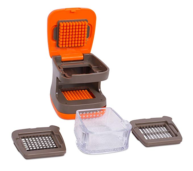 Internet’s Best Garlic Dicer and Slicer | Mincer Press Vegetable Food Garlic Chopper | Plastic Tray Catcher Canister | 2 Blades | Orange and Brown