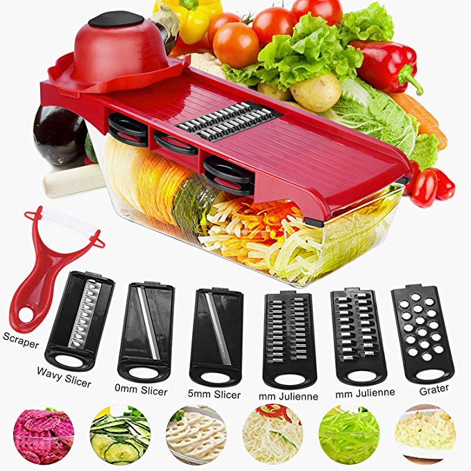 Vegetable Slicer Chopper Grater - Kitchen Fruit Mandoline Cutter with 6pcs Interchangeable Stainless Steel Blades,Peeler, Hand Protector,Storage Container,Cutter for Potato,Tomato,Onion,Cheese etc