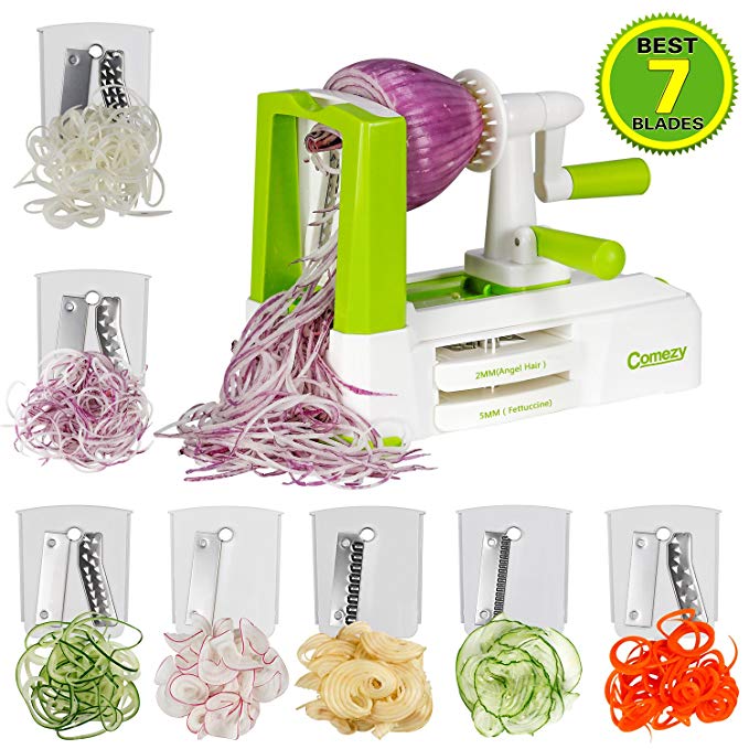 7-Blade Spiralizer-Vegetable Spiral Slicer, 2018 Latest, Strongest & Heaviest Duty. Best Veggie Pasta Maker, Perfect for Low Carb/Paleo/Gluten-Free Meals, Powerful Suction Base.Salad Utensil-by Comezy