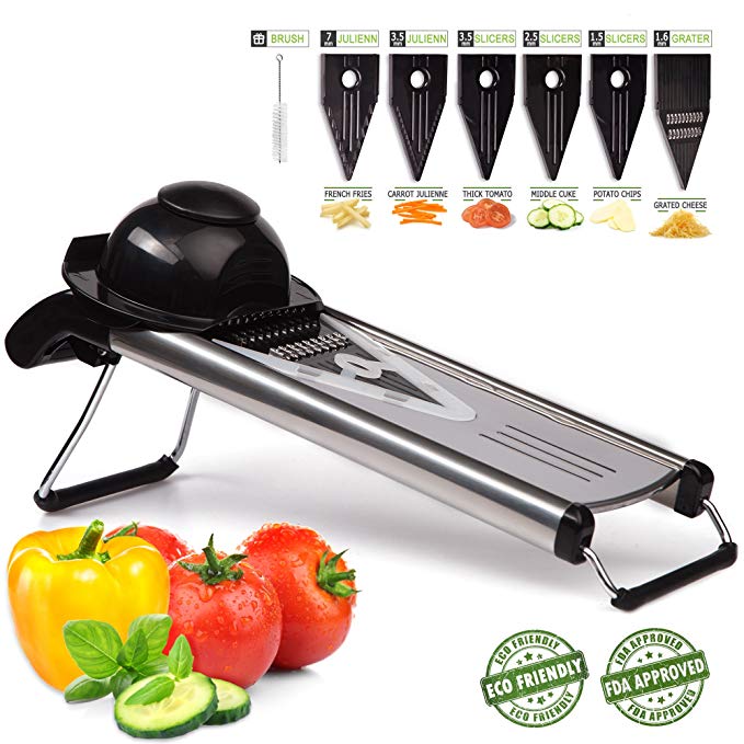 Mandoline slicer 6 in 1 is made of premium quality stainless steel, vegetable slicer has very sharp stainless steel blades which do not require sharpening