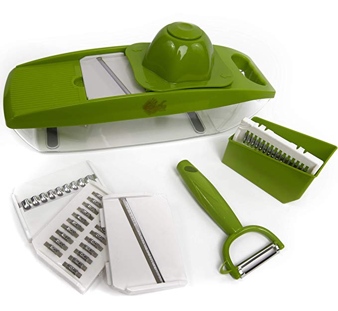 Zajko Trends Vegetable Mandoline Slicer - Stainless Steel 5 Blade Fruit and Veggie Cutter Set with Guard and Peeler - Kitchen Multipurpose Julienne Grater Kit with Manual Guide - Simple and Compact