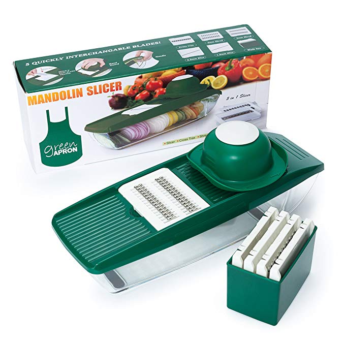 Green Apron Mandoline Slicer | 5 Interchangeable Blades Include Vegetable Grater, Julienne Slicer Cutter and Peeler, Brush, Hand Protector and Storage Container | Veggie Slicer and Vegetable Cutter