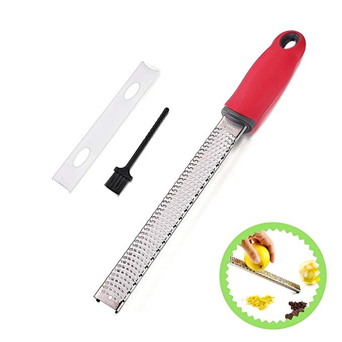 Rohomii Stainless Steel Handheld Cheese Grater Lemon Zester 8 Inches Ultra Sharp Blade with Grating Safety Cover and Cleaning Brush for Orange, Lemon, Carrot, Ginger and Garlic (Red)