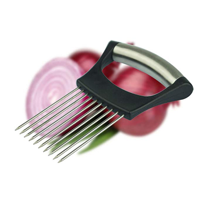 MAXGOODS Onion Holder Slicer Vegetable Tools Slicing, 304 Stainless Steel Vegetable Potato Cutter Slicer Gadget Stainless Steel Fork Slicing Odor Remover Kitchen Tool Aid Gadget Cutting Chopper