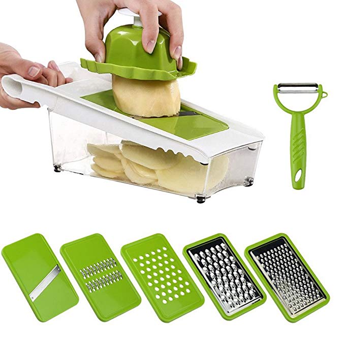 Mandoline Slicer with Container for Vegetable, Stainless Steel Food Cheese Onion Grater Adjustable 5 Thickness Blade in Storage Holder, Potatoe Ginger Fruit Chopper Cutter, Professional Safety Kitchen