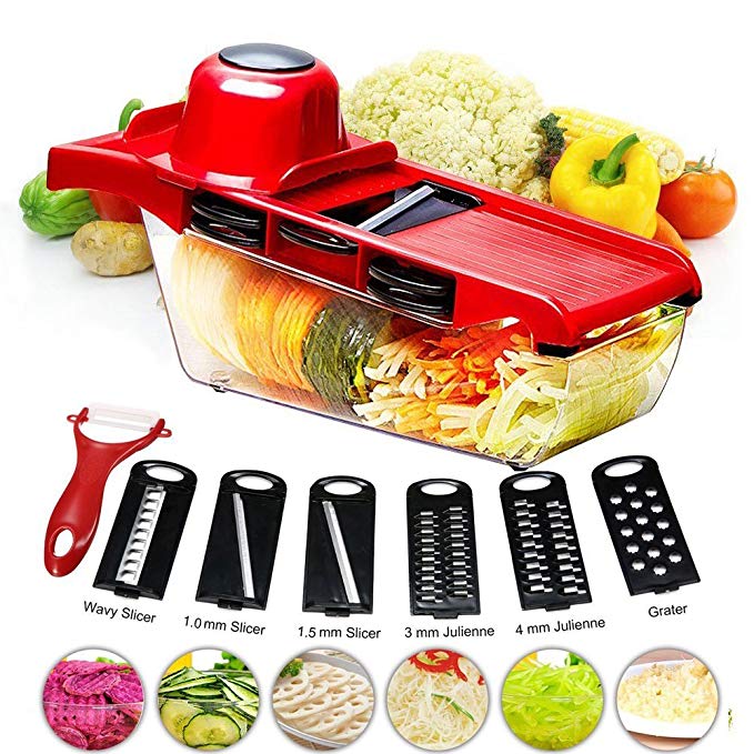 BYETOO Mandoline Slicer Vegetable Cutter Grater Chopper Julienne Slicer-6 Interchangeable Blades with Peeler,Hand Protector,Food Storage Container - Cutter for Potato,Tomato,Onion,Cheese,Cucumber etc