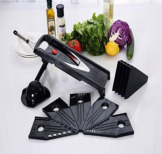 URBAN DEPOT Chef Grade Mandoline V-Blade Slicer,, 5 Interchangeable Blade Inserts,Grater,Cutter,Hand Guard, Deluxe Heavy Duty ABS Plastic Construction. Best Price!