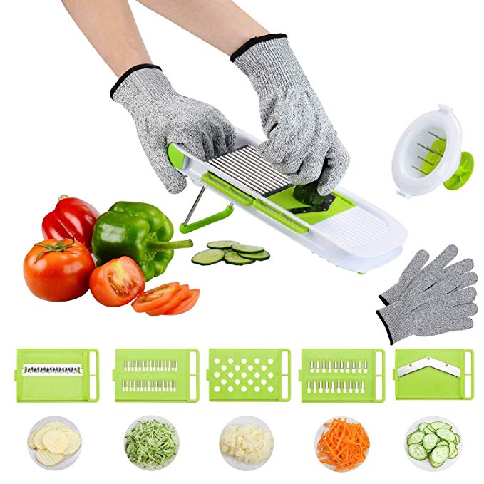 Mandoline Slicer with Free Cut resistant gloves, Potato Slicer-Vegetable Chopper Slicer with 5 Pieces Adjustable Stainless Steel Blades