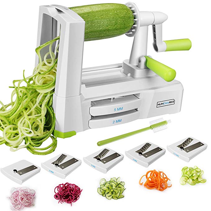 5-Blade Spiralizer Vegetable Spiral Slicer, Noodle Maker, Fruits and Veggies Slicer for Low Carb/Paleo/Gluten-Free Meals with Labeled Blades and Storage Box, Cleaning Brush (Free Recipe Book)