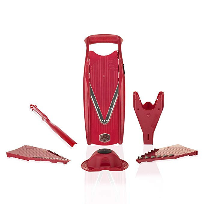 Borner V5 Plus Set straight from the manufacturer. Includes V5 Powerline Slicer,slicer Insert, 3,5mm and 7mm Blade Inserts,food Safety Holder,storage Box and Combi-peeler (red)