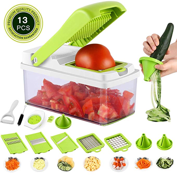 Vegetable Onion Chopper Mandoline Slicer Dicer Cutter Peeler 13 In 1 Pro Manual Veggie Fruits Cheese Julienne Grater Squeezer Set 8 Blades With Cleaning Tool Hand Protector Container For Kitchen