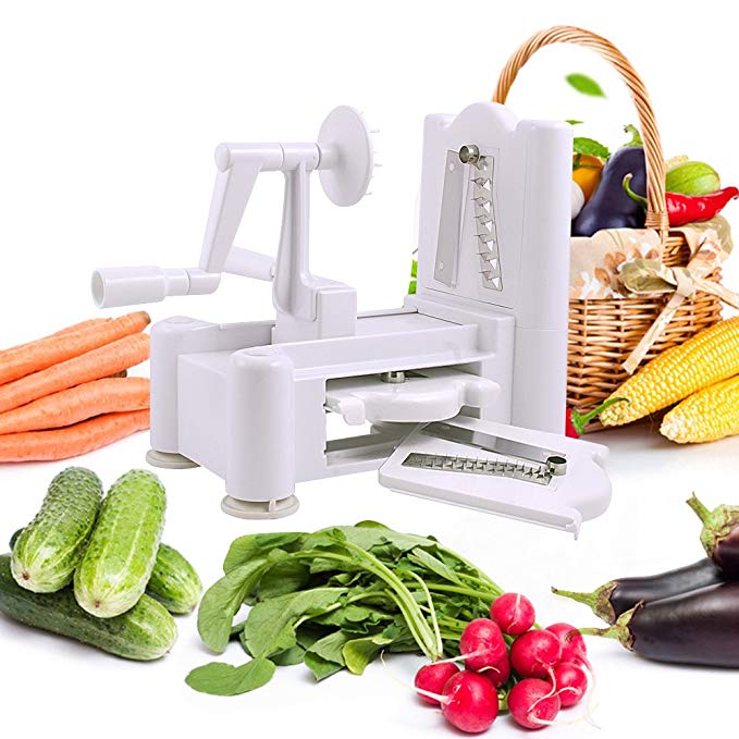 Spiralizer 3-Blade Vegetable Slicer Multi- function Hand-operated, Zucchini spaghetti, Cucumber ribbon strands, Curly fries shredder