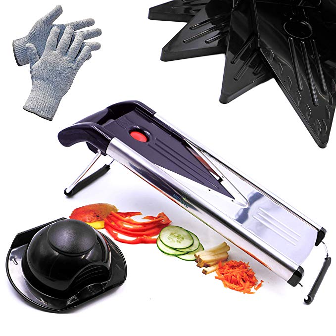 Mandoline Slicer, Vegetable Potato Slicer, Julienne Slicer, Onion Cutter, Including 5 Interchangeable Stainless Steel Blades. Cut Resistant Gloves Included.