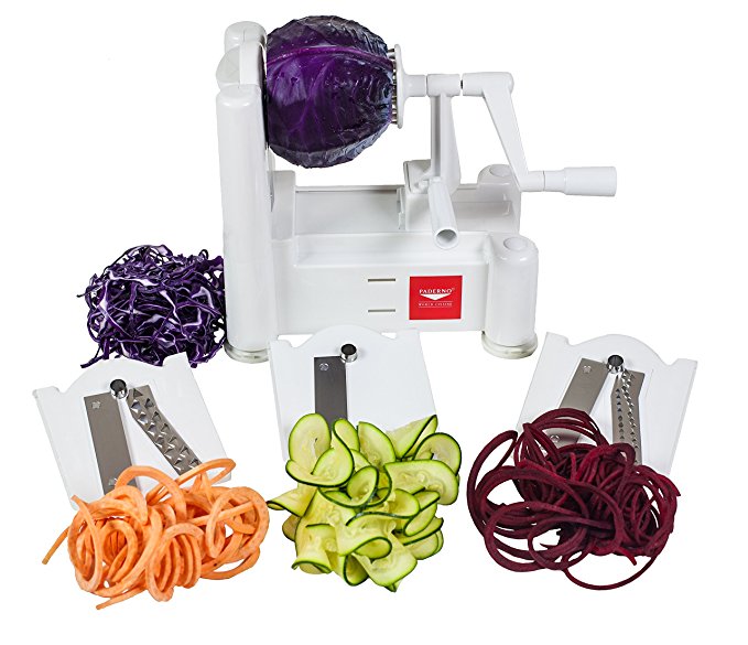 Paderno World Cuisine 3-Blade Vegetable Slicer/Spiralizer, Counter-Mounted and includes 3 Stainless Steel Blades