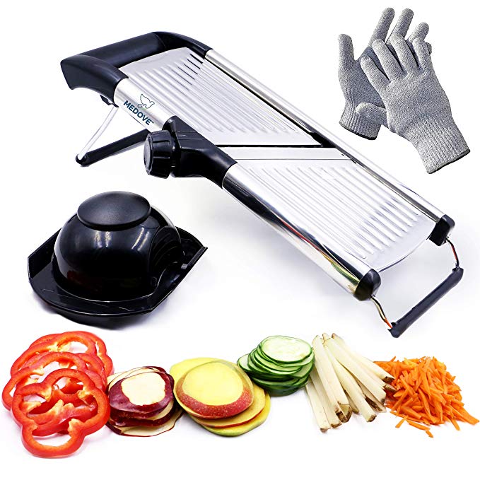 Mandoline Slicer, Vegetable Potato Slicer, Julienne Slicer, Onion Cutter, With Stainless Steel Adjustable Blade. Cut Resistant Gloves Included.