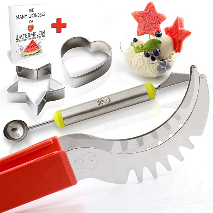 Watermelon Slicer & Server – Durable Stainless Steel Cutter & Non-Slip Red Silicone Handle W/Melon Baller + Cookie Cutters set+E-BOOK-The Ultimate Kitchen Tool for Fun & Healthy Meals By Smart Ideas