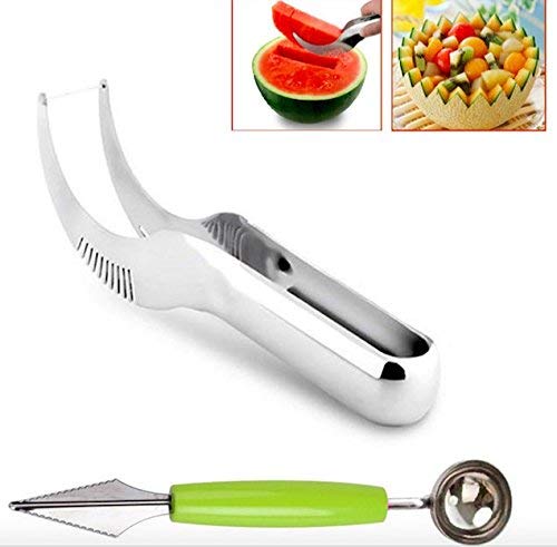 TOP RATED Premium Stainless Steel Watermelon Slicer, Cutter, Corer, Knife and Melon Server Tongs + FREE Melon baller/chisel/scooper for Fruit Decoration ($35 total value) WITH!