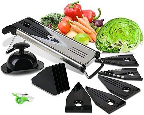 Mandoline V-Blade Slicer / Premium Slicing Mandoline for Fruit and Vegetables with 5 different blade inserts with free finger peeler by NOSH Kitchen