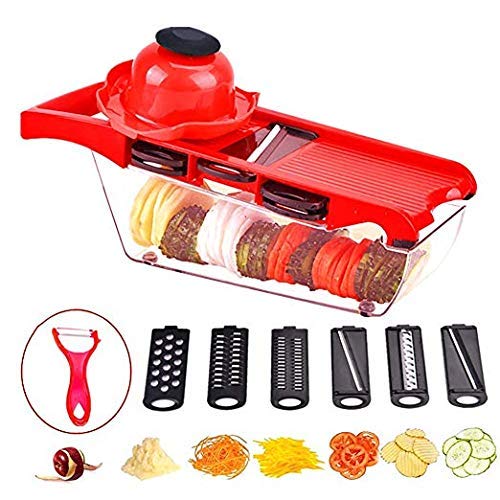 Mandoline Slicer, Vegetable Slicer Cutter, 6 Interchangeable Blades, Easy to Clean, Stainless Steel, Adjustable, Multi-blade,Comes with Peeler, Storage Container and Hand Protection,Red 