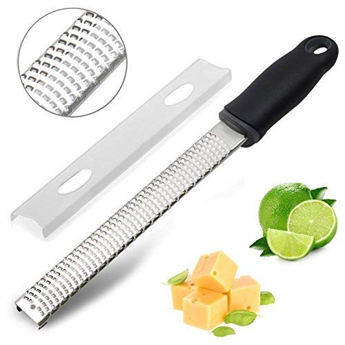 Orblue Zester Stainless Steel Grater, Cheese, Lemon, Ginger & Potato Zester with Plastic Cover, Long Ergonomic Handle with Rubber Base (Black)