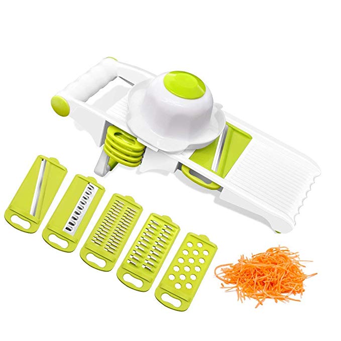 Mandoline Vegetable Slicer Cutter Chopper,Premium adjustable Fruit&Food slicer set with 5 stainless Steel Blades & Hand Protector Cutter for Patato, Onion, Cucumber, Zucchini ,Pasta, Cheese-Green