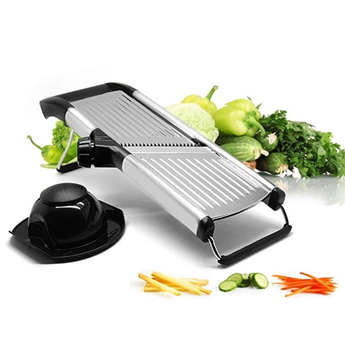 Vegetable and Fruit Mandolin Slicer | Stainless Steel Julienne Veggie Cutter | Professional Kitchen Slicing Tool with Adjustable Blades | Hand Guard