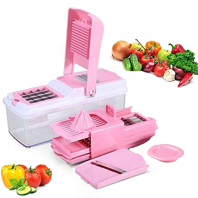 Vegetable Slicer, Mandoline Slicer, Food Chopper Cuber Cutter,10 in 1 Cheese Grater Multi Blades for Onion Potato Tomato Fruit Extra Lemon Squeezer Included, Pink