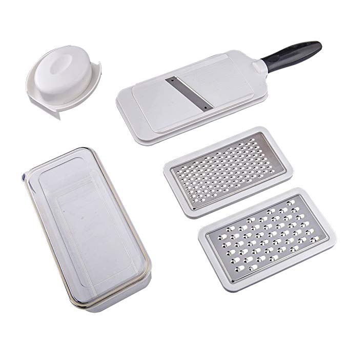 Hanns 6 in 1 Plastic and Stainless Steel Kitchen Grater Set for Vegetable, Julienne Slicer with Storage Box (with Container) & Safe Top Cover(Hand Guard), A321K, Black-White