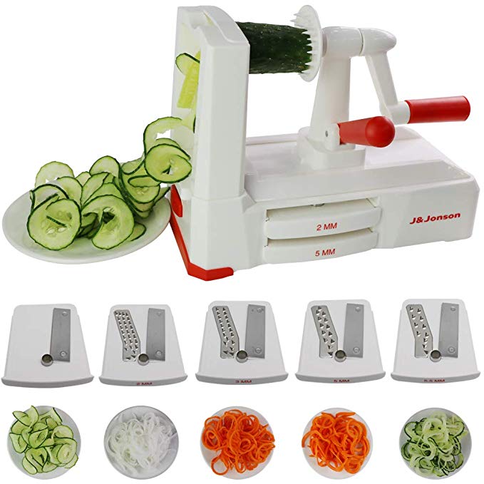 J&JONSON Spiralizer, Slicer, Cutter for Vegetables and Fruit w/ 5 Blades. Manual w/ No-Move Suction Pads and Blade Storage Drawer Food Grade Plastic. Strong and Durable. BONUS Ceramic Knife and Peeler