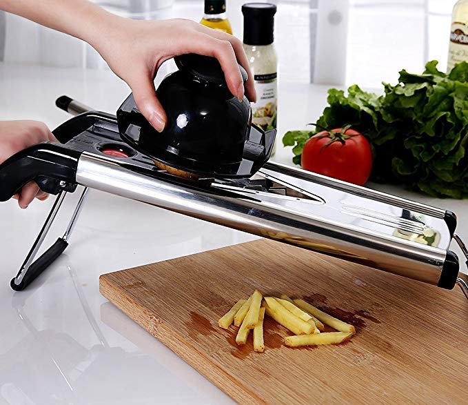 URBAN DEPOT Chef Grade Mandoline V-Blade Slicer, High Quality, 5 Interchangeable Blade Inserts,Grater,Cutter,Hand Guard,Delux Heavy Duty Stainless Steel Construction. Best Price!