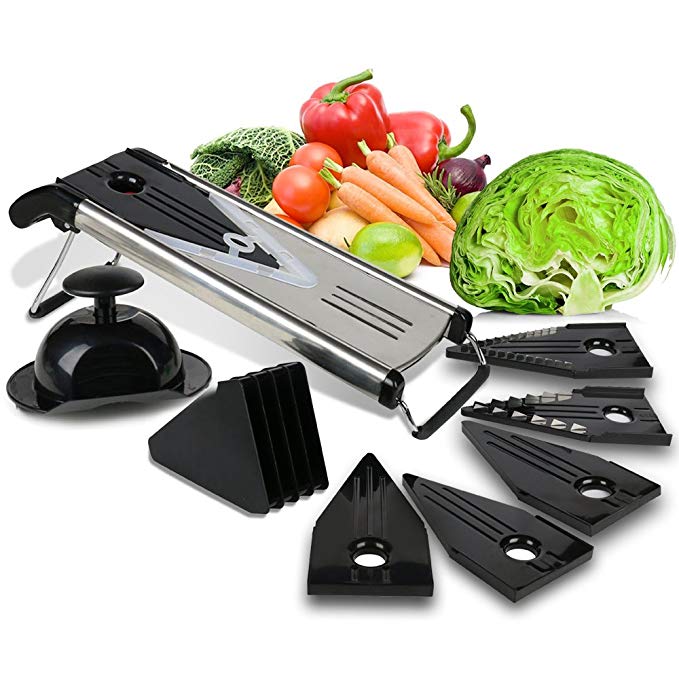 Premium Mandoline Fruit & Vegetable Cutter for Home and Business-Cheese Grater, Potato Slicer | Vegetable Chopper: Includes 5 Inserts (Black), Blade Guard, Finger Guard | Free Recipe E-Books