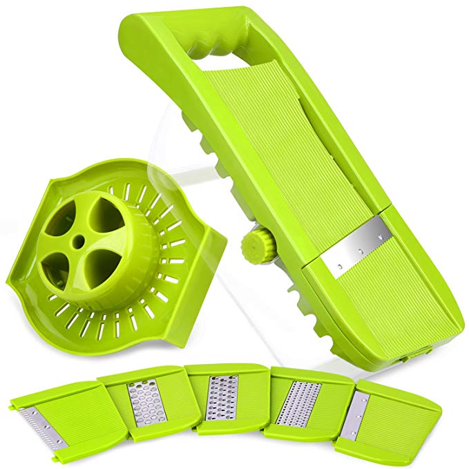 Mandoline Slicer, Vegetable Slicer Chopper Grater for Cheese, Potato, Onion, Cucumber, Thickness Adjustable Veggies Julienne Slicer Cutter with 5 Blades & Large Food Container