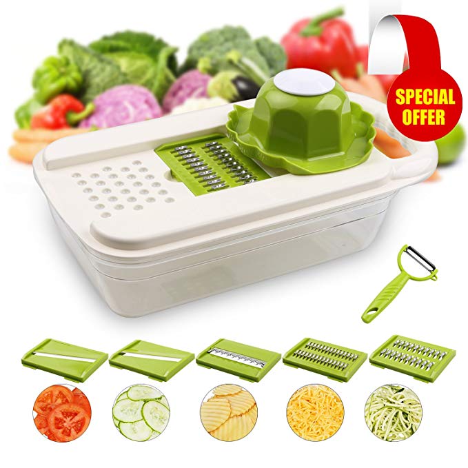 KEBIDU 5 in 1 Vegetable Slicer, Multifunctional Mandoline Vegetable Slicer, Adjustable Mandoline Slicer-5 Blades, Food Container for Fruit Cheese Cutter with 5 Interchangeable Stainless Steel Blades