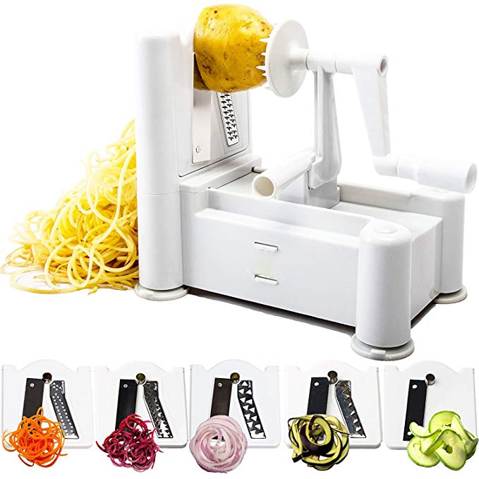 TECKTOO Vegetable Slicer 5-Blade Spiral Mandoline Spiralize Pasta Spaghetti Maker for Low Carb Vegetable Maker Shredder Zucchini Noodles Veggie Spaghetti Professional Spiral Zucchini Spaghetti Tool