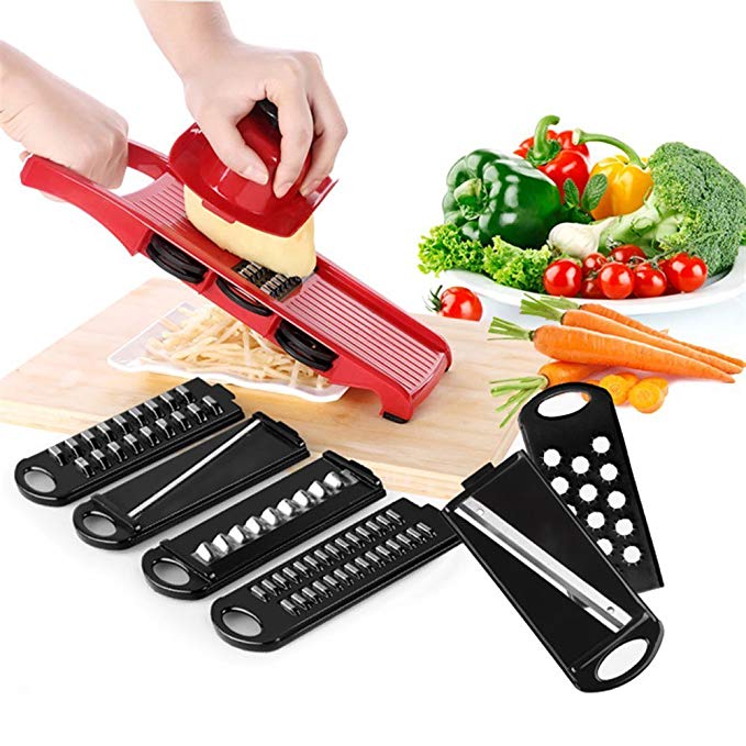 Momugs Adjustable Mandoline Food Slicer - 6 Blades - Vegetable Cutter, Peeler, Slicer, Grater and Slicer with Handguards - Red