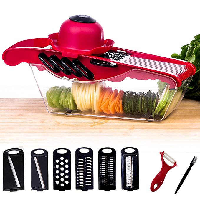 Eyocean Mandoline Vegetable Slicer Cutter Chopper - 6 Interchangeable Blades with Peeler, Hand Protector,Storage Container - Cutter for Potato,Tomato, Onion, Cucumber,Cheese etc (Red)