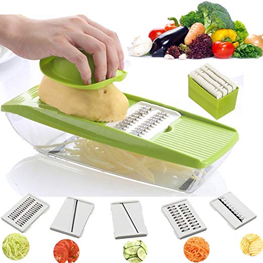 UFire Mandoline Slicer with 5 Interchangeable Stainless Steel Blades,Food Container - Vegetable Cutter, Peeler, Slicer, Grater & Julienne Slicer for for Cucumber, Onion, Cheese.